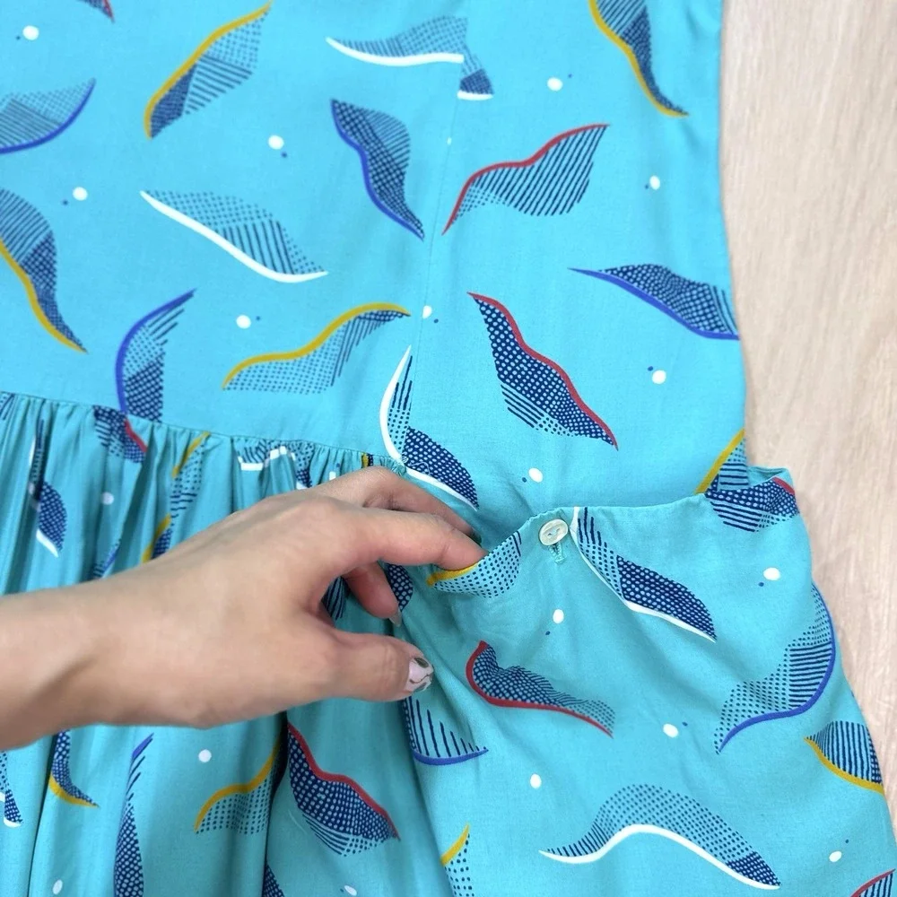 VTG Jones New York Dress Womens 16 Turquoise Abstract Midi Sundress 80s USA MCM!